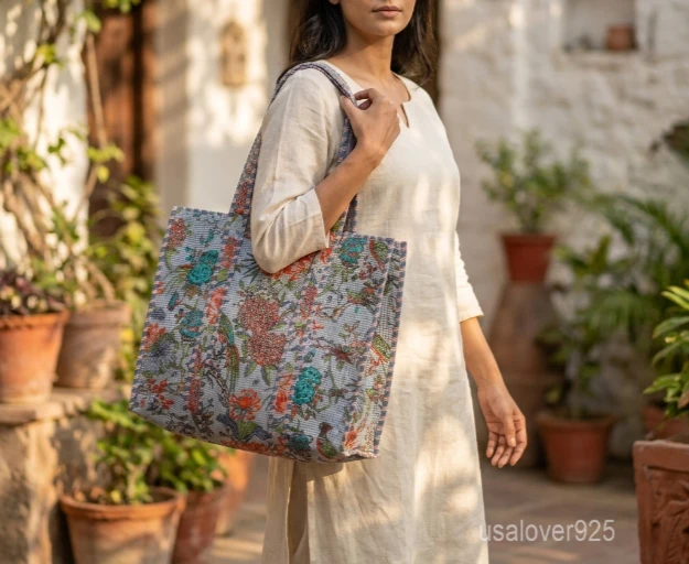 Blue Floral Block Print Quilted Indian Cotton Tote Bag with large travel shoulder straps showing the traditional hand-block botanical pattern.