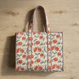 Blue Floral Block Print Quilted Indian Cotton Tote Bag showing the traditional hand block flower print layout.