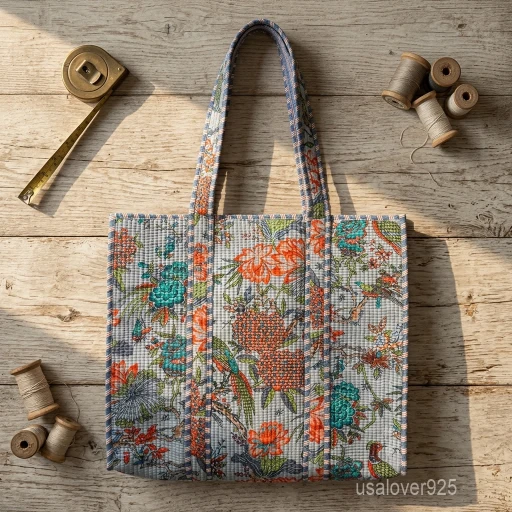 Blue Floral Block Print Quilted Indian Cotton Tote Bag with large travel shoulder straps showing the traditional hand-block botanical pattern.