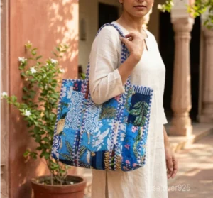 Blue Floral Block Print Quilted Indian Cotton Tote Bag with large travel shoulder straps showing the traditional botanical pattern.
