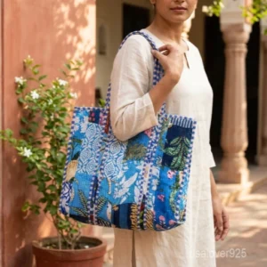 Blue Floral Block Print Quilted Indian Cotton Tote Bag with large travel shoulder straps showing the traditional botanical pattern.