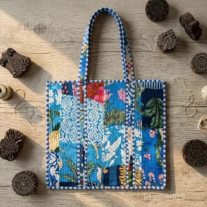 Blue Floral Block Print Quilted Indian Cotton Tote Bag with large travel shoulder straps showing the traditional botanical pattern.