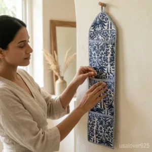 Blue Floral Hanging Wall Organizer with 3 deep pockets hanging in a bedroom entryway.
