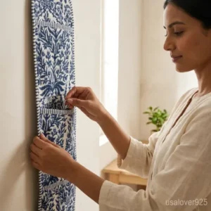 Close-up of authentic cottagecore block printing on a Blue Floral Hanging Wall Organizer.