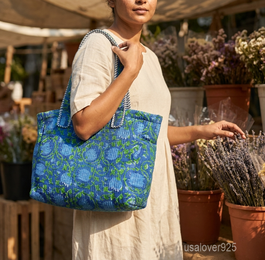 Blue Floral Kantha Quilted Cotton Tote Bag with double handles showing the intricate blue botanical vine print layout.