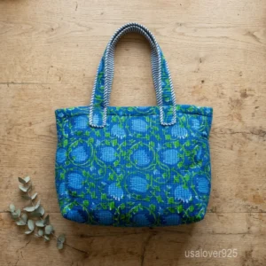 Blue Floral Kantha Quilted Cotton Tote Bag with double handles showing the intricate blue botanical vine print layout.
