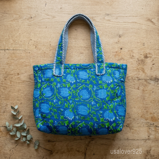 Blue Floral Kantha Quilted Cotton Tote Bag with double handles showing the intricate blue botanical vine print layout.