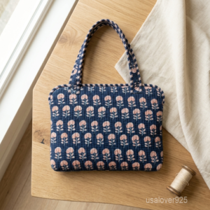 A professional holding the Blue Floral Quilted Cotton Laptop Sleeve by the wide fabric handles, showcasing its slim profile and vibrant boho workspace style.
