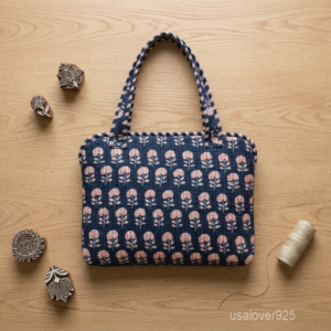 Blue Floral Quilted Cotton Laptop Sleeve showing the traditional hand block print artisan design with the smooth zipper closure and double carry handles.
