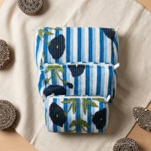 A three-piece nesting set of Blue Floral Quilted Cotton Toiletry Bags neatly arranged on a clean vanity counter showing the large, medium, and small size profiles.