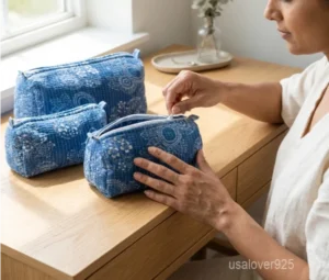 Close-up of the handcrafted blue floral print detailing, dense vertical quilted stitching rows, waterproof internal plastic lining, and built-in inside slots on an Indian cotton cosmetic caddy pouch.