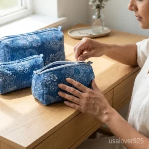 Close-up of the handcrafted blue floral print detailing, dense vertical quilted stitching rows, waterproof internal plastic lining, and built-in inside slots on an Indian cotton cosmetic caddy pouch.