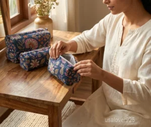 Close-up of the handcrafted blue floral print detailing, dense quilted stitching rows, waterproof internal plastic lining, matching cotton tassel, and built-in 4 inside slots on an Indian cotton cosmetic caddy pouch.