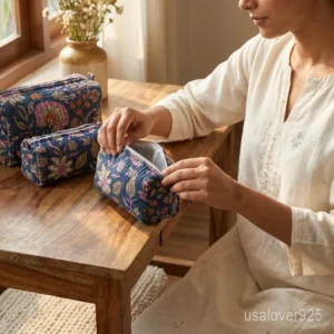 Close-up of the handcrafted blue floral print detailing, dense quilted stitching rows, waterproof internal plastic lining, matching cotton tassel, and built-in 4 inside slots on an Indian cotton cosmetic caddy pouch.