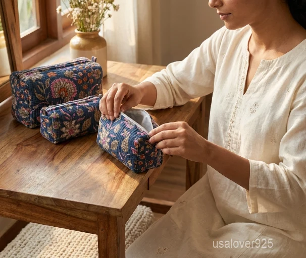Close-up of the handcrafted blue floral print detailing, dense quilted stitching rows, waterproof internal plastic lining, matching cotton tassel, and built-in 4 inside slots on an Indian cotton cosmetic caddy pouch.
