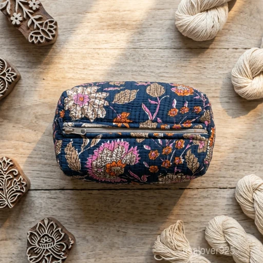 Set of 3 Blue Floral Quilted Cotton Toiletry Bags nesting set showing the traditional indigo artisan design and secure zipper closures with cotton tassels.