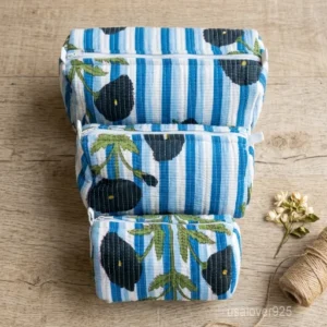 Set of 3 Blue Floral Quilted Cotton Toiletry Bags nesting set showing the traditional indigo artisan design and secure zipper fastenings.