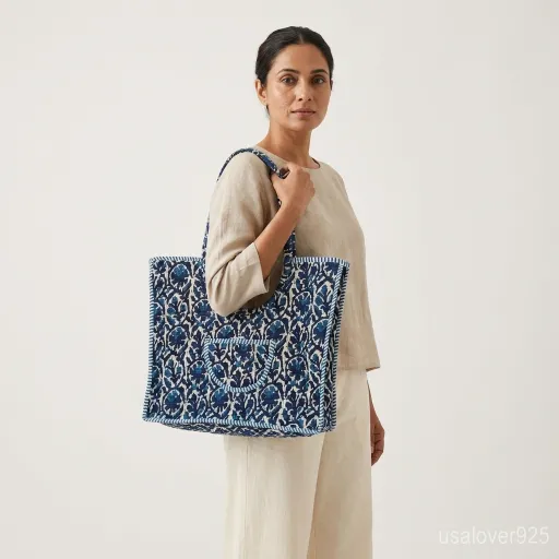 Close-Up-Detail-Of-Handcrafted-Blue-Floral-Print-Quilted-Fabric-Texture