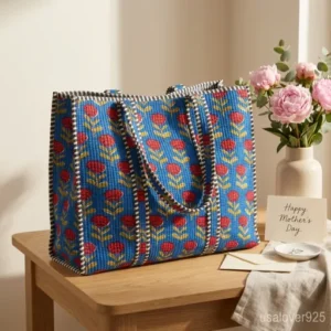 Close-up of elegant blue botanical print patterns and high-quality quilted stitching on an extra large cotton tote bag.