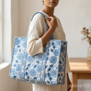 Blue Floral Quilted Cotton Tote Bag with shoulder straps showing the vibrant botanical hand block print design.