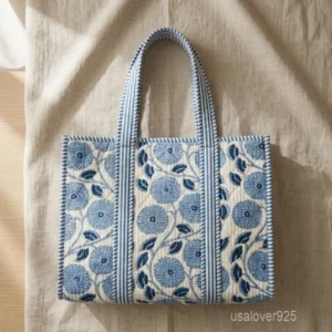 Blue Floral Quilted Cotton Tote Bag with shoulder straps showing the vibrant botanical hand block print design.