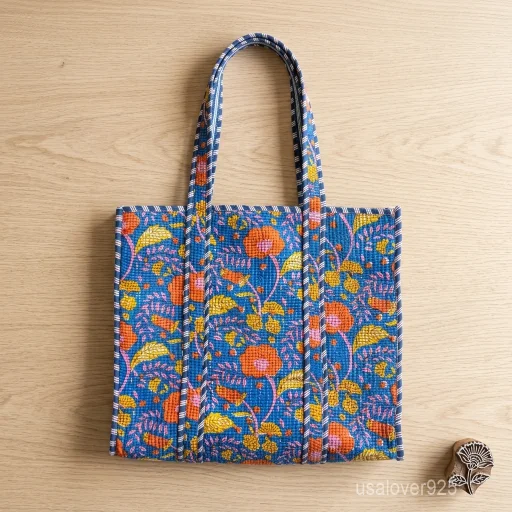 A person carrying a large Blue Floral Quilted Cotton Tote Bag comfortably over their shoulder during a weekend beach travel trip.