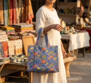 Blue Floral Quilted Cotton Tote Bag with comfortable shoulder handles showing the indigo base and orange yellow botanical design.
