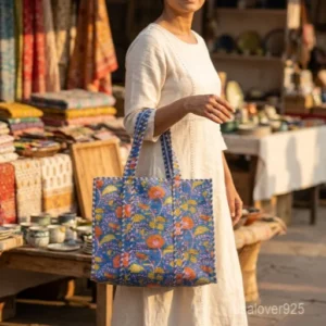 Blue Floral Quilted Cotton Tote Bag with comfortable shoulder handles showing the indigo base and orange yellow botanical design.