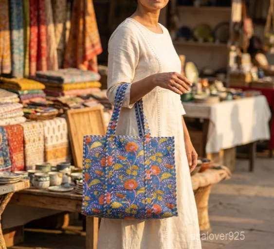 Blue Floral Quilted Cotton Tote Bag with comfortable shoulder handles showing the indigo base and orange yellow botanical design.