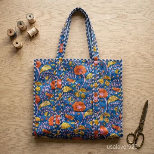 Blue Floral Quilted Cotton Tote Bag with comfortable shoulder handles showing the indigo base and orange yellow botanical design.