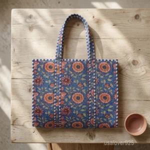 A person carrying a large Blue Floral Quilted Indian Cotton Tote Bag comfortably over their shoulder during a casual weekend travel trip.