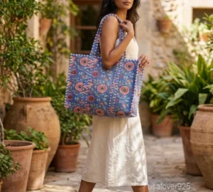 Blue Floral Quilted Indian Cotton Tote Bag with large shoulder handles showing the traditional hand block print design.