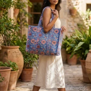 Blue Floral Quilted Indian Cotton Tote Bag with large shoulder handles showing the traditional hand block print design.