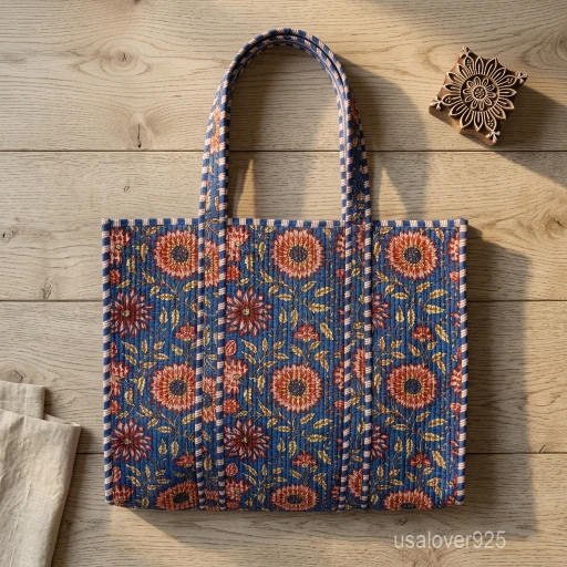 Blue Floral Quilted Indian Cotton Tote Bag with large shoulder handles showing the traditional hand block print design.