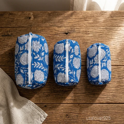 A three-piece nesting set of Blue Floral Quilted Toiletry Bag Set neatly arranged on a clean vanity counter showing the large, medium, and small size configurations.