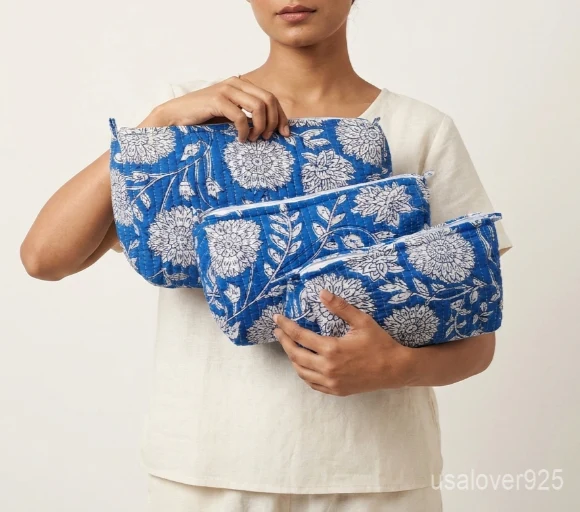 Close-up of the handcrafted blue floral block print detailing, dense vertical quilted stitching rows, waterproof internal plastic inner lining, and built-in inside storage slots on an Indian cotton cosmetic pouch caddy.