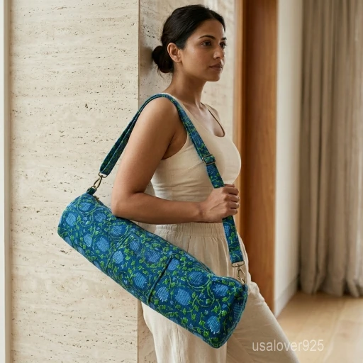 Woman walking to a wellness studio carrying a Blue Floral Quilted Yoga Mat Bag worn as a comfortable crossbody carrier.