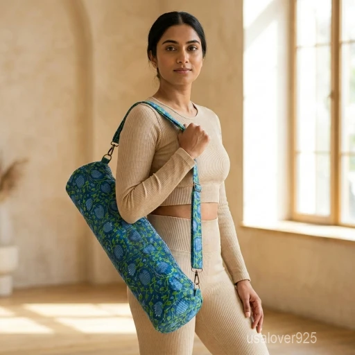 Blue Floral Quilted Yoga Mat Bag with an adjustable crossbody sling strap showing the vibrant botanical block print.