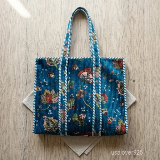 A person carrying a large Blue Floral Velvet Quilted Tote Bag comfortably over their shoulder during a casual weekend travel trip.