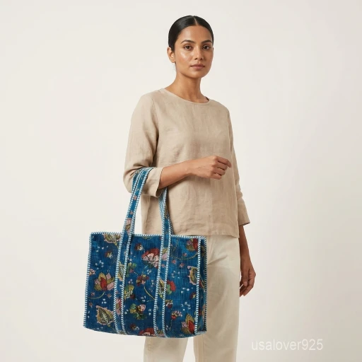 Close-up of the blue velvet floral print, dense parallel line quilted stitching rows, interior pocket, and comfortable 10-inch shoulder handles on an Indian velvet tote bag.