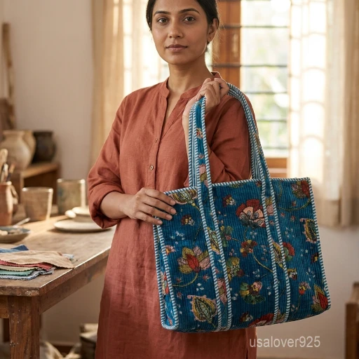 Blue Floral Velvet Quilted Tote Bag with large shoulder handles showing the vibrant botanical flower print design.