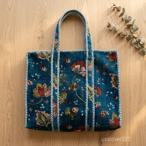 Blue Floral Velvet Quilted Tote Bag with large shoulder handles showing the vibrant botanical flower print design.