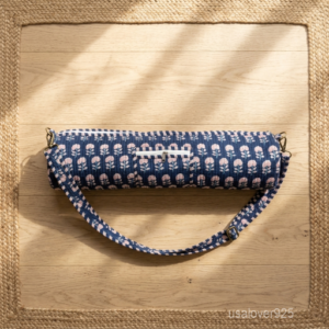 Blue Floral Quilted Cotton Yoga Mat Bag carrier showing the traditional artisan botanical design with the full-length zipper closure and outer pocket.