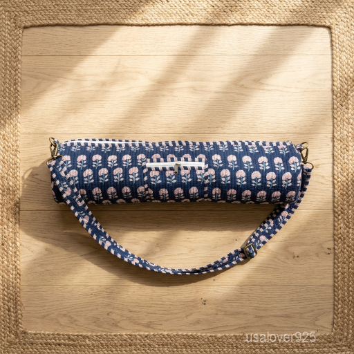 Blue Floral Quilted Cotton Yoga Mat Bag carrier showing the traditional artisan botanical design with the full-length zipper closure and outer pocket.