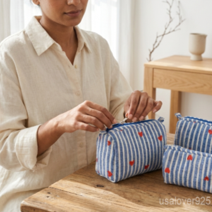 Set of 3 Blue Heart Makeup Pouch Set nesting configuration showing the traditional handcrafted striped design with red hearts and smooth zipper closures.