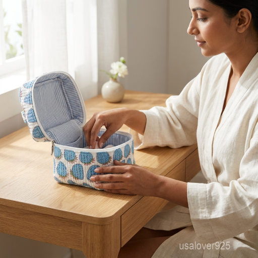 Close-up of the handcrafted blue strawberry block print detailing, dense quilted stitching texture lines, robust top handle attachment, and clean zip track on an Indian cotton toiletry pouch.