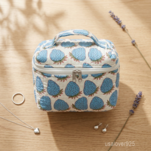 Blue Strawberry Makeup Case showing the traditional hand block print artisan design with the smooth zipper closure and sturdy top carry handle.