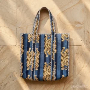 Woman walking at a beach resort carrying an oversized Tiger Print Quilted Cotton Tote Bag packed with travel essentials.