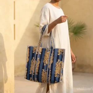 Tiger Print Quilted Cotton Tote Bag with long over-the-shoulder handles featuring an authentic tiger block print pattern.