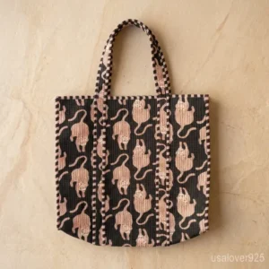 Woman walking at a beach resort carrying an oversized Animal Print Quilted Cotton Tote Bag packed with travel essentials.